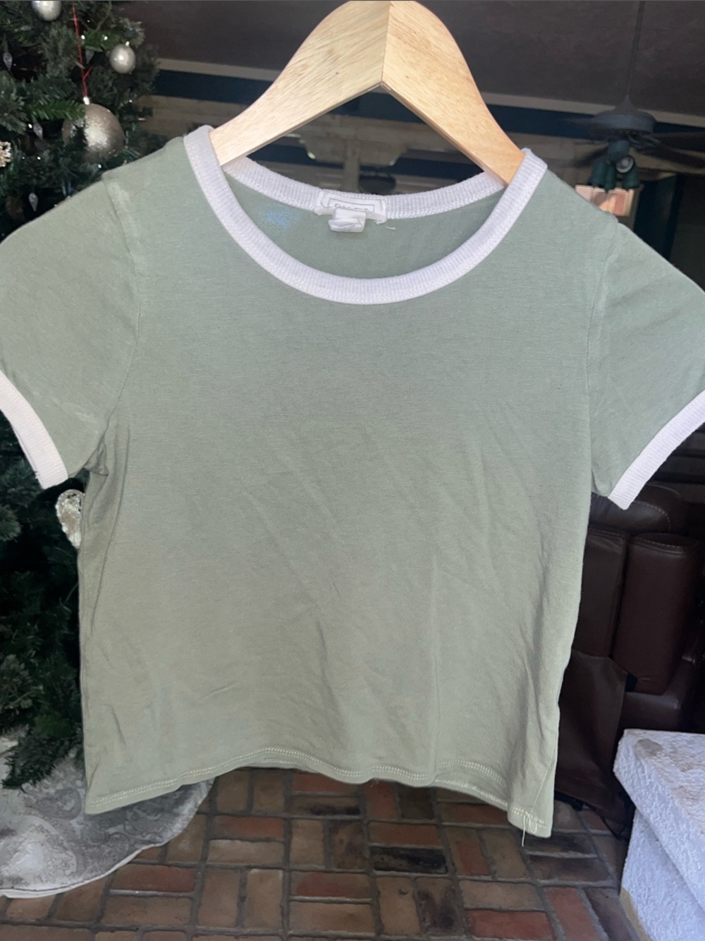 Girlโs Sage Green Ringer Tee with White Trim